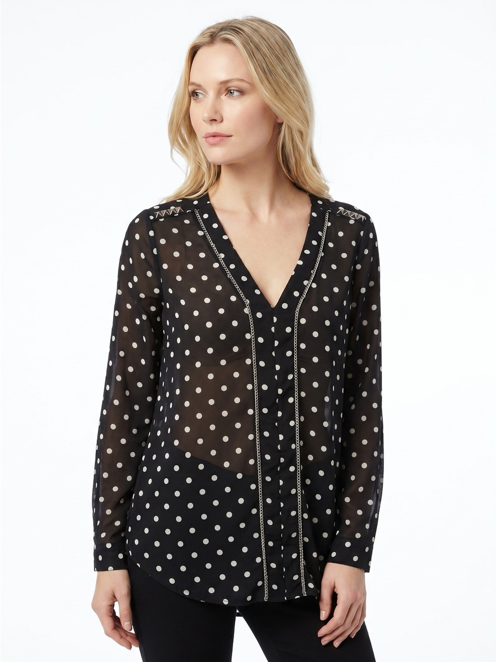 Dynamite Black Sheer Polka Dot V-Neck Blouse